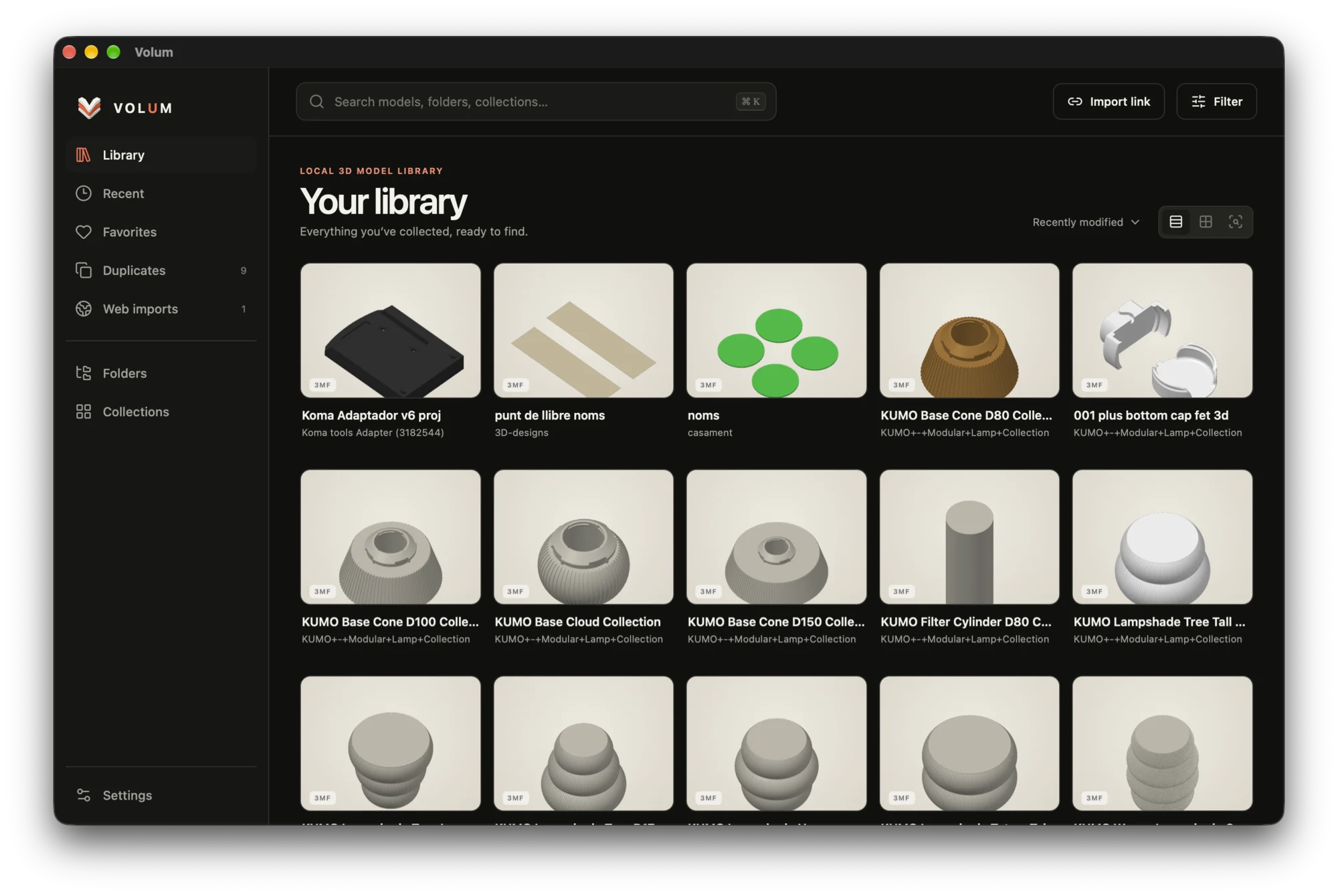 Volum's visual 3D model library in dark mode